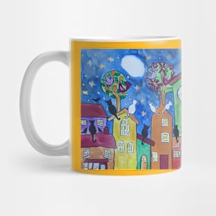 Black and White Cats on Colourful Roofs Moon Gazing Mug